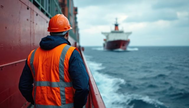 Seaman in orange safety vest and hard hat watches another cargo ship sail by on the blue ocean. Cloudy day at sea aboard large freighter vessel.